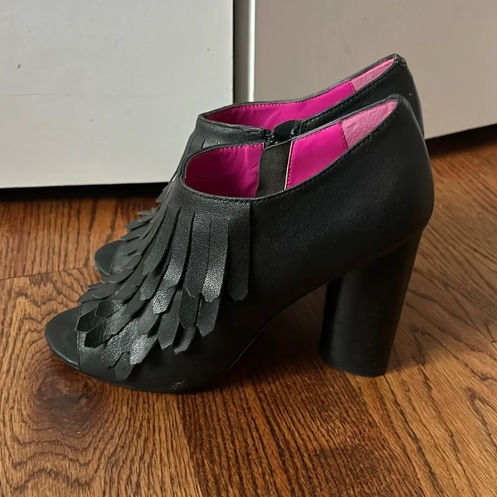 Trina Turk Black Fringe Peep-Toe Block Heel Shoes with Pink Lining